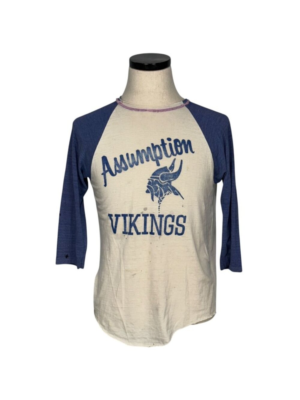 Vintage 80s Assumption Vikings Distressed Raglan Baseball Tee Blue & Cream 3/4 M